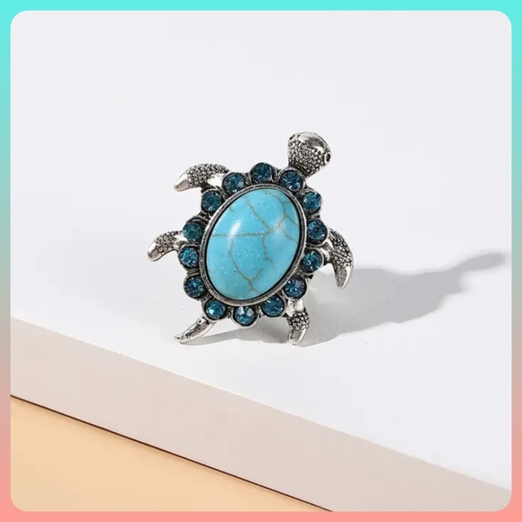 Stunning Turquoise Turtle Ring Handcrafted Silver Plated w rhinestones - Picture 5 of 6